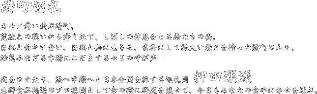 港町巡礼
カモメ舞い飛ぶ港町。
荒波との戦いから帰り来て、しばしの休息をとる船たちの姿。
自然と向かい合い、自然と共に生きる、素朴にして根太い強さを持った港町の人々。
活気みなぎる市場にこだまするセリの呼び声―
夜をひた走り、港へ市場へと日本全国を旅する巡礼団 押田運送
生鮮食品輸送のプロ集団として命の糧に鮮度を載せて、今日もあなたの食卓に幸せを運ぶ。